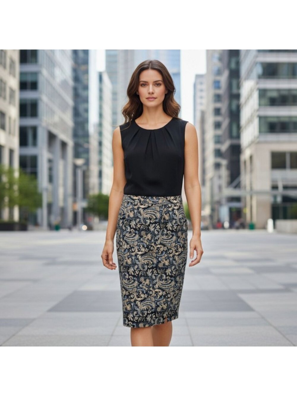 Talbots Dress Size 10 Black Paisley Sheath Knee Length Sleeveless Career Stretch